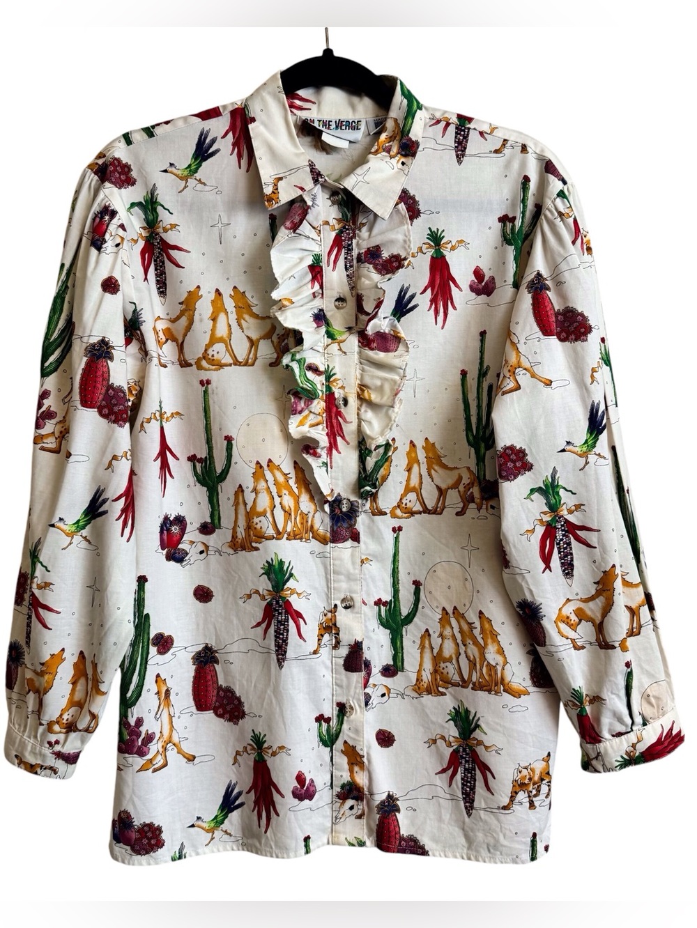 Vintage On The Verge Size Small Cowboy Western Cactus Ruffle Button Up Top